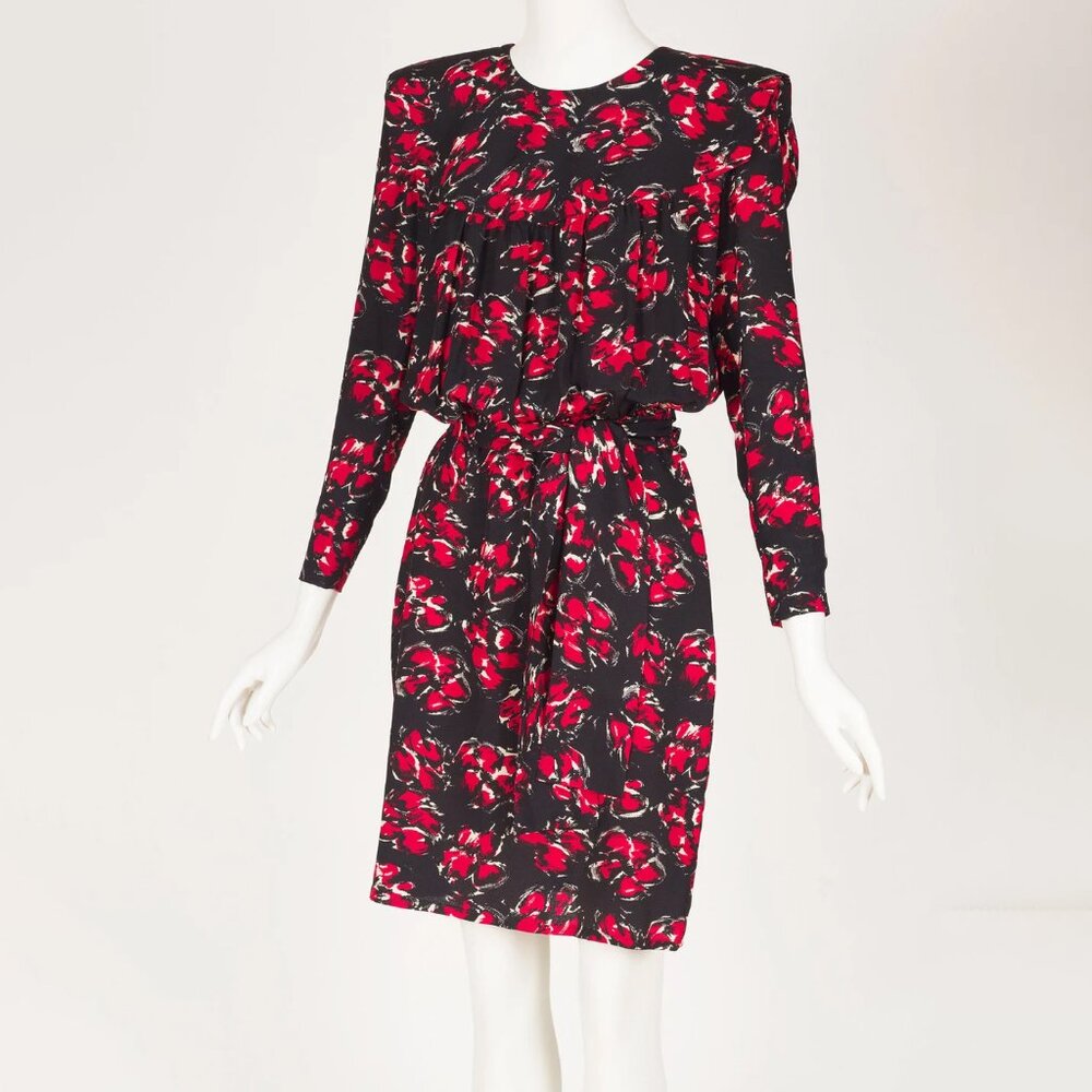 1980s Vintage French Red Floral Print Black Silk Belted Dress Sz S M